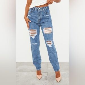 PRETTYLITTLETHING Mid Blue Ripped Mom Jeans